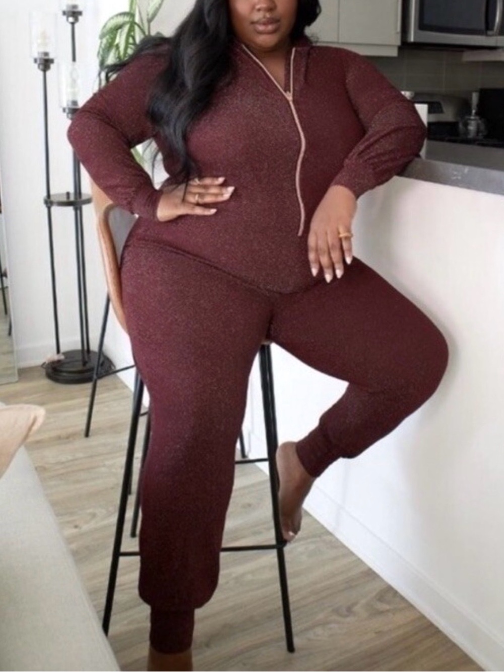 Savage X Fenty Sparkly Burgundy Zip-Front Jumpsuit with Hoodie 1X